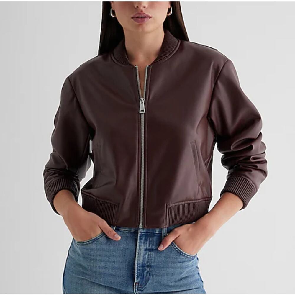 EXPRESS Faux Leather Cropped Bomber Jacket - XS with zip, pockets *see photos*
